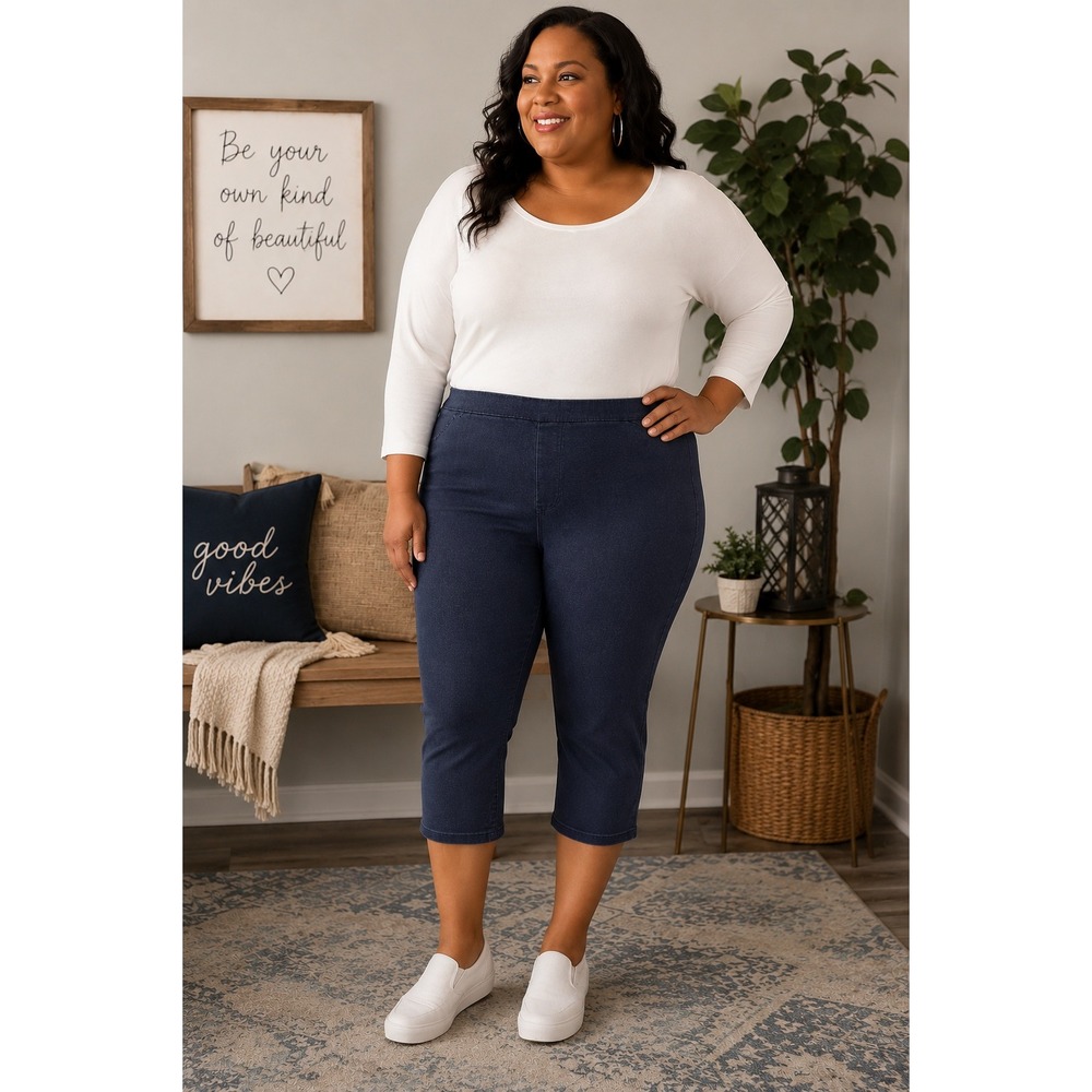Chicos Perfect Stretch Capri Jeans Dark Indigo Pull On Cropped Denim Size 2.5